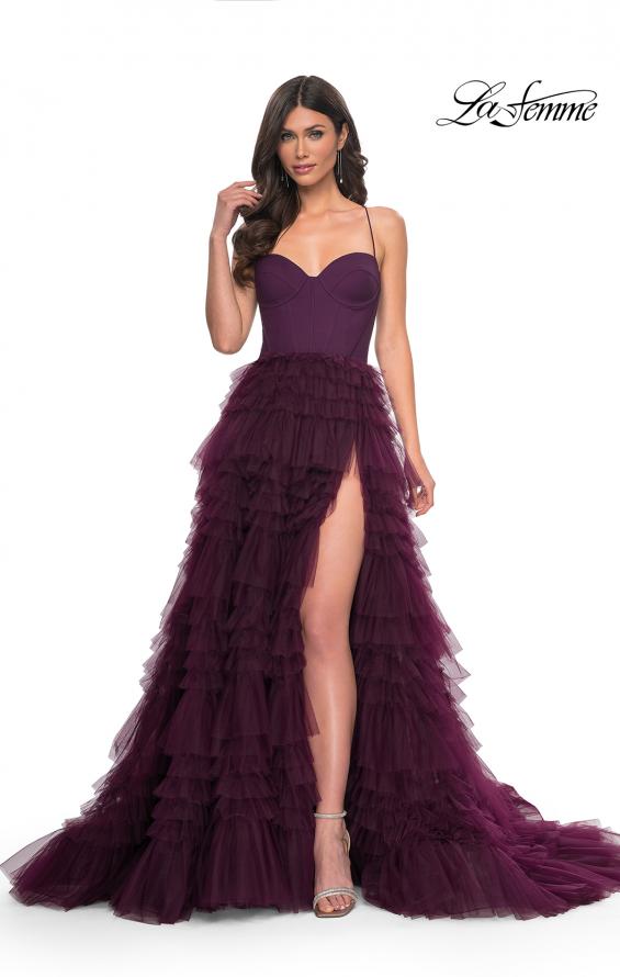 La Femme 32071 prom dress images. La Femme 32071 is available in these colors: Black, Dark Berry, Dark Emerald.