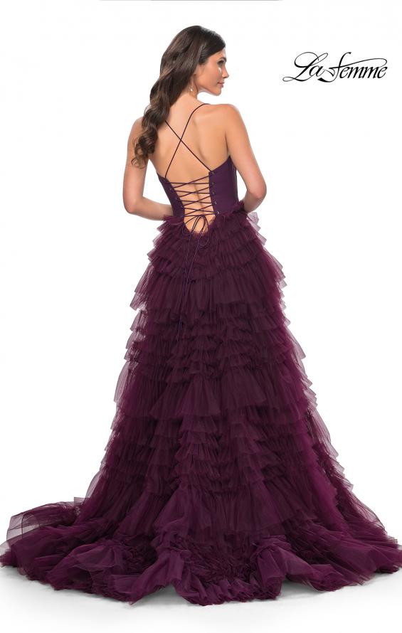 La Femme 32071 prom dress images. La Femme 32071 is available in these colors: Black, Dark Berry, Dark Emerald.