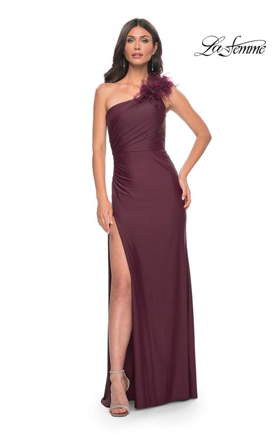 La Femme 32076 prom dress images. La Femme 32076 is available in these colors: Black, Dark Wine, Royal Blue, White.