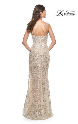La Femme 32077 prom dress images.  La Femme 32077 is available in these colors: Champagne.