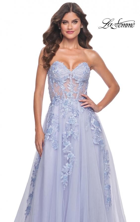 La Femme 32082 prom dress images. La Femme 32082 is available in these colors: Light Periwinkle, Pale Yellow, Sage.