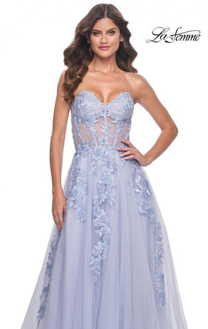 La Femme 32082 prom dress images.  La Femme 32082 is available in these colors: Light Periwinkle, Pale Yellow, Sage.