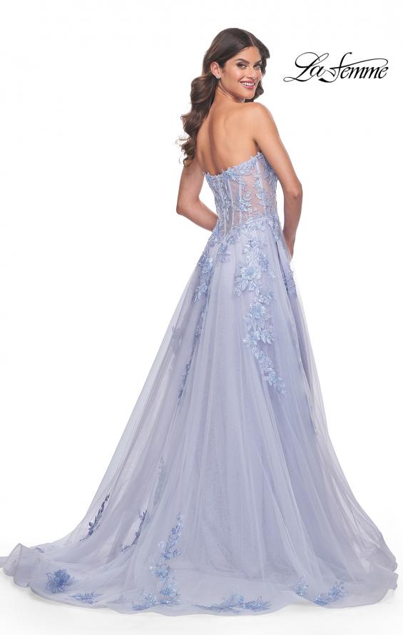 La Femme 32082 prom dress images. La Femme 32082 is available in these colors: Light Periwinkle, Pale Yellow, Sage.