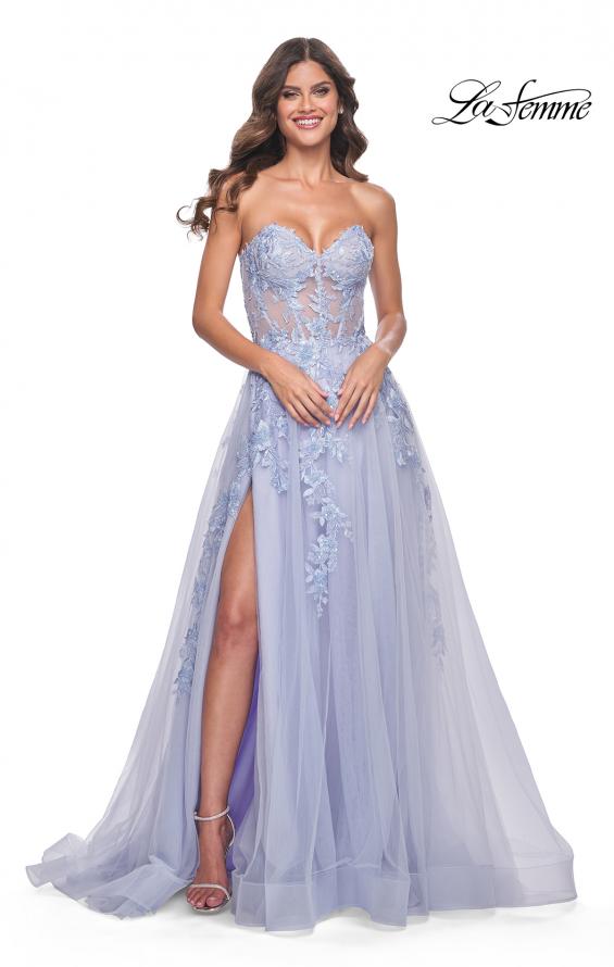La Femme 32082 prom dress images. La Femme 32082 is available in these colors: Light Periwinkle, Pale Yellow, Sage.