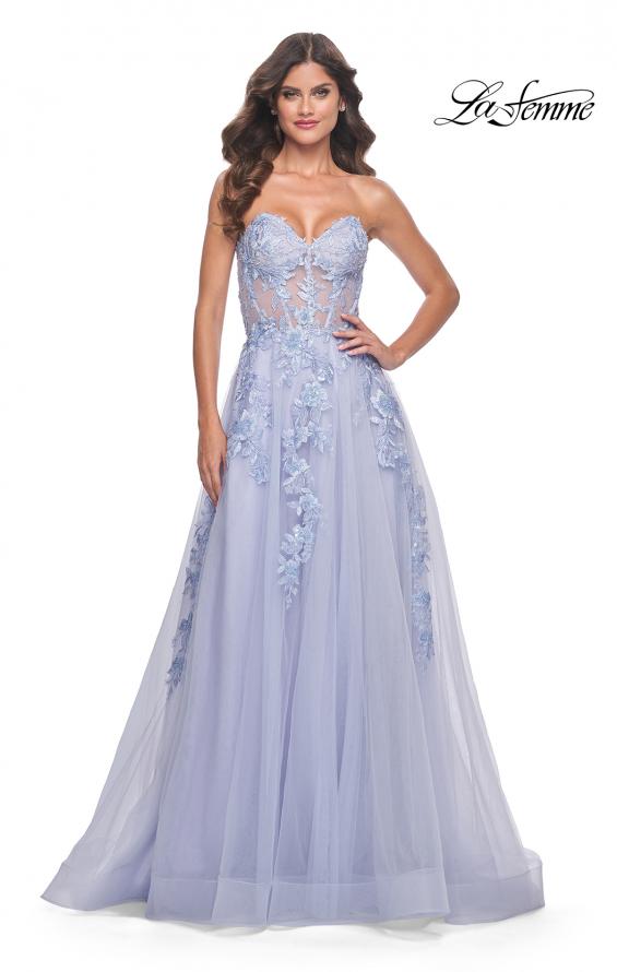 La Femme 32082 prom dress images. La Femme 32082 is available in these colors: Light Periwinkle, Pale Yellow, Sage.