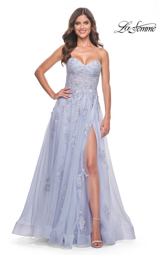 La Femme 32084 prom dress images. La Femme 32084 is available in these colors: Blush, Light Periwinkle, Royal Blue, Sage.