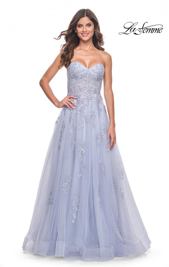 La Femme 32084 prom dress images. La Femme 32084 is available in these colors: Blush, Light Periwinkle, Royal Blue, Sage.