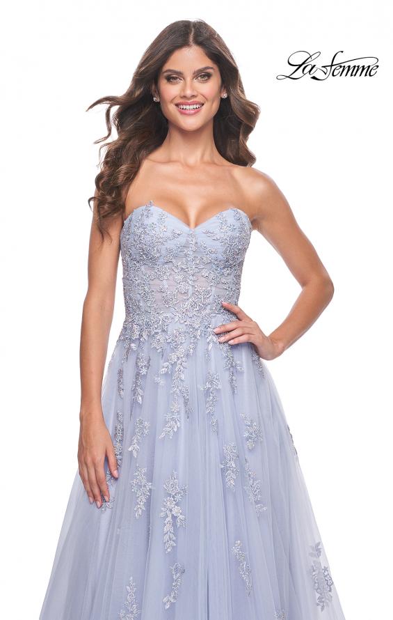La Femme 32084 prom dress images. La Femme 32084 is available in these colors: Blush, Light Periwinkle, Royal Blue, Sage.