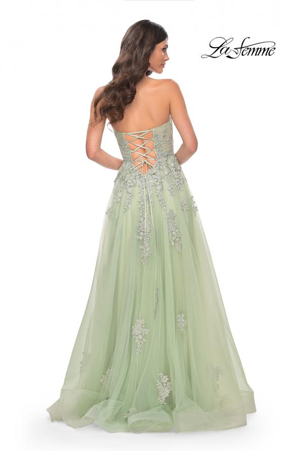 La Femme 32084 prom dress images. La Femme 32084 is available in these colors: Blush, Light Periwinkle, Royal Blue, Sage.