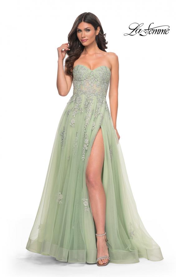La Femme 32084 prom dress images. La Femme 32084 is available in these colors: Blush, Light Periwinkle, Royal Blue, Sage.