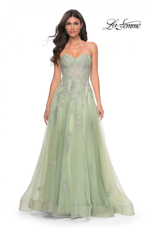 La Femme 32084 prom dress images. La Femme 32084 is available in these colors: Blush, Light Periwinkle, Royal Blue, Sage.