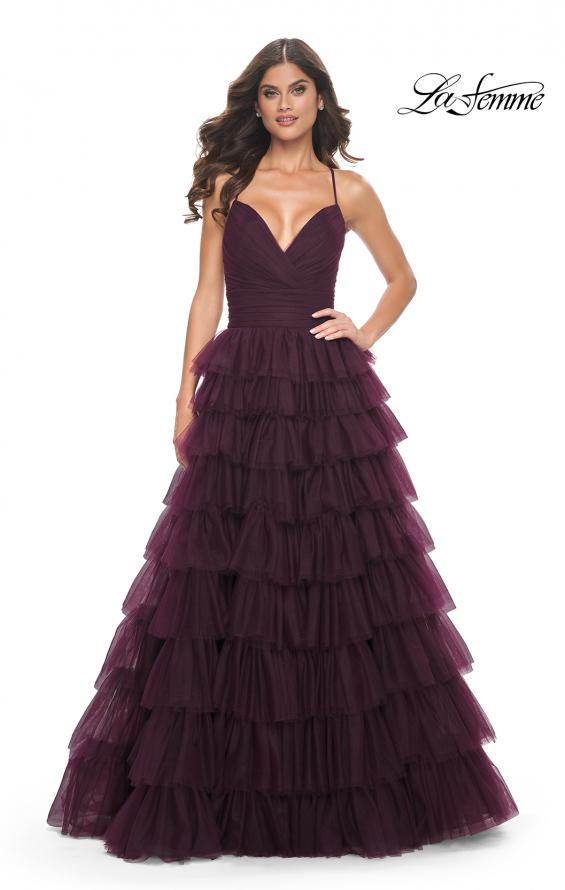 La Femme 32086 prom dress images. La Femme 32086 is available in these colors: Black, Dark Berry, Dark Emerald.