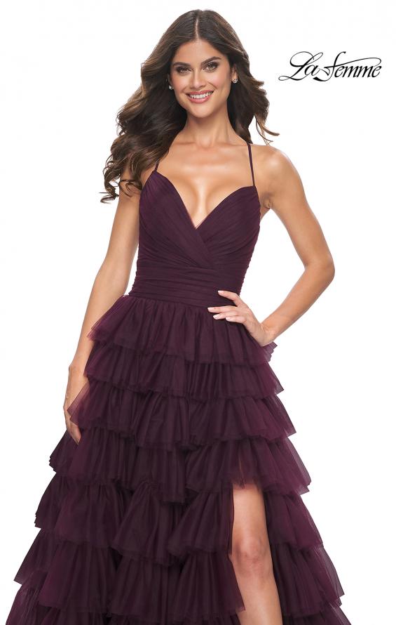 La Femme 32086 prom dress images. La Femme 32086 is available in these colors: Black, Dark Berry, Dark Emerald.