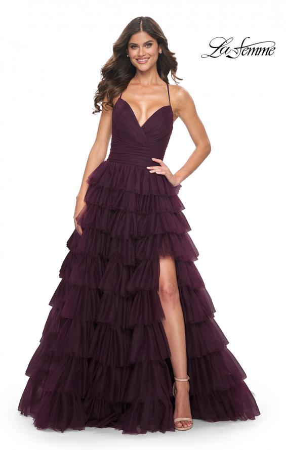 La Femme 32086 prom dress images. La Femme 32086 is available in these colors: Black, Dark Berry, Dark Emerald.