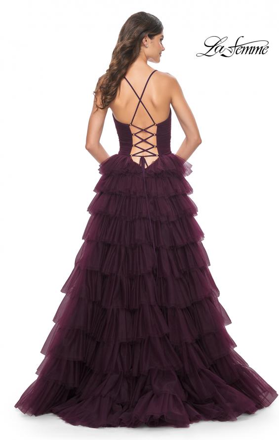 La Femme 32086 prom dress images. La Femme 32086 is available in these colors: Black, Dark Berry, Dark Emerald.