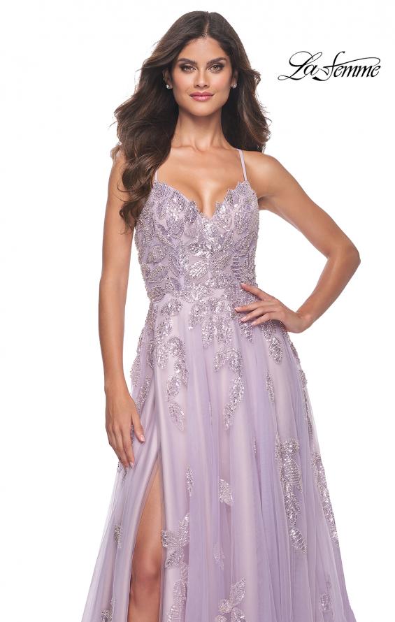 La Femme 32090 prom dress images. La Femme 32090 is available in these colors: Lavender, Light Blue, Sage.