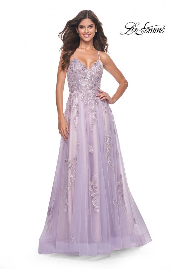 La Femme 32090 prom dress images. La Femme 32090 is available in these colors: Lavender, Light Blue, Sage.