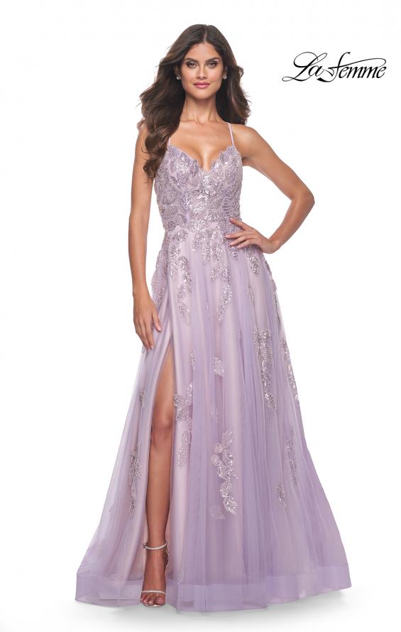 La Femme 32090 prom dress images. La Femme 32090 is available in these colors: Lavender, Light Blue, Sage.