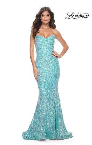 La Femme 32092 prom dress images.  La Femme 32092 is available in these colors: Light Aqua, Neon Green, Neon Pink.