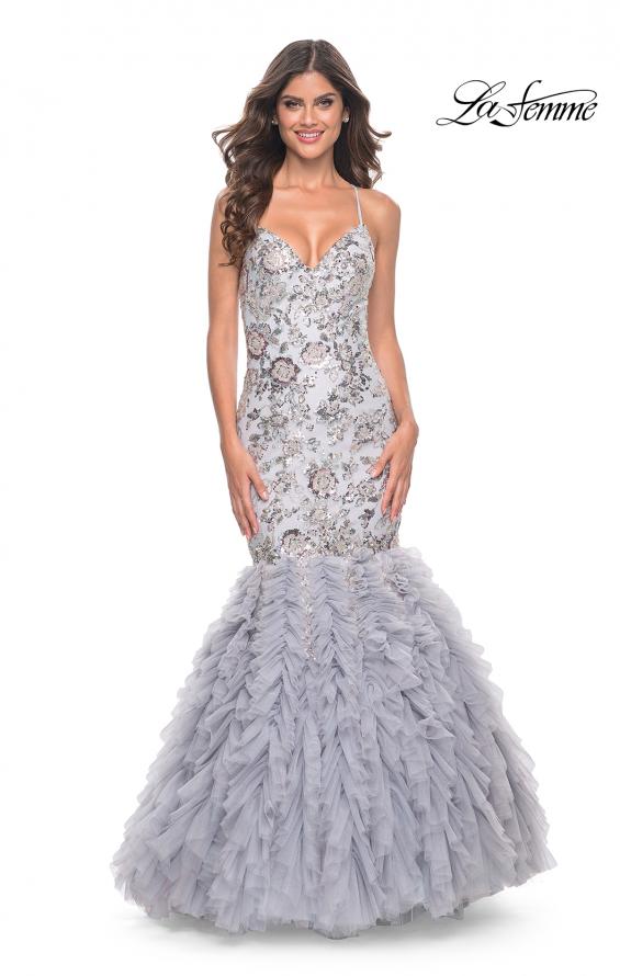 La Femme 32105 prom dress images. La Femme 32105 is available in these colors: Silver.