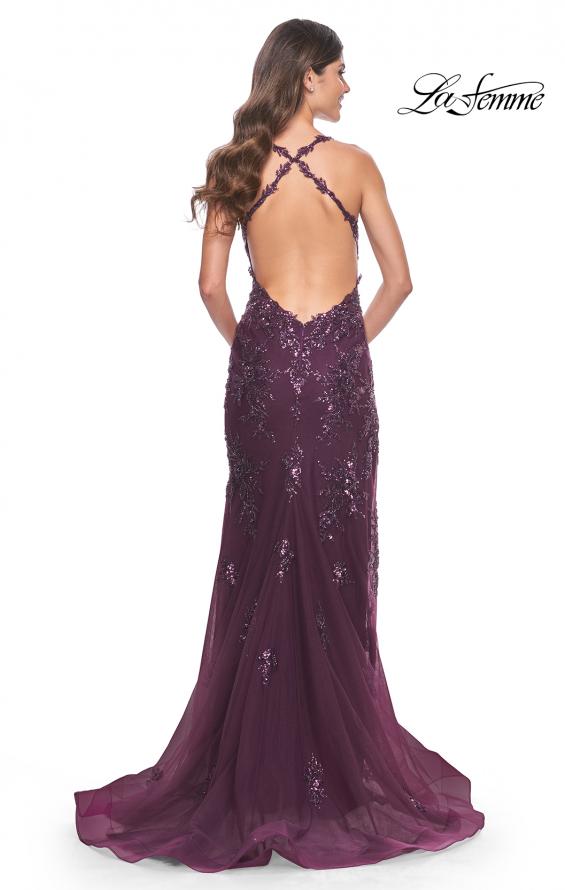 La Femme 32107 prom dress images. La Femme 32107 is available in these colors: Black, Dark Berry, Dark Emerald.