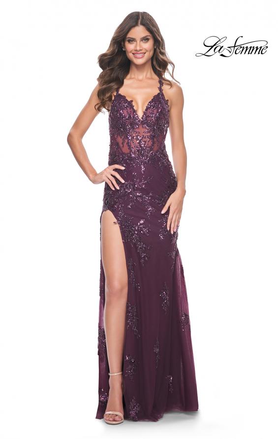 La Femme 32107 prom dress images. La Femme 32107 is available in these colors: Black, Dark Berry, Dark Emerald.