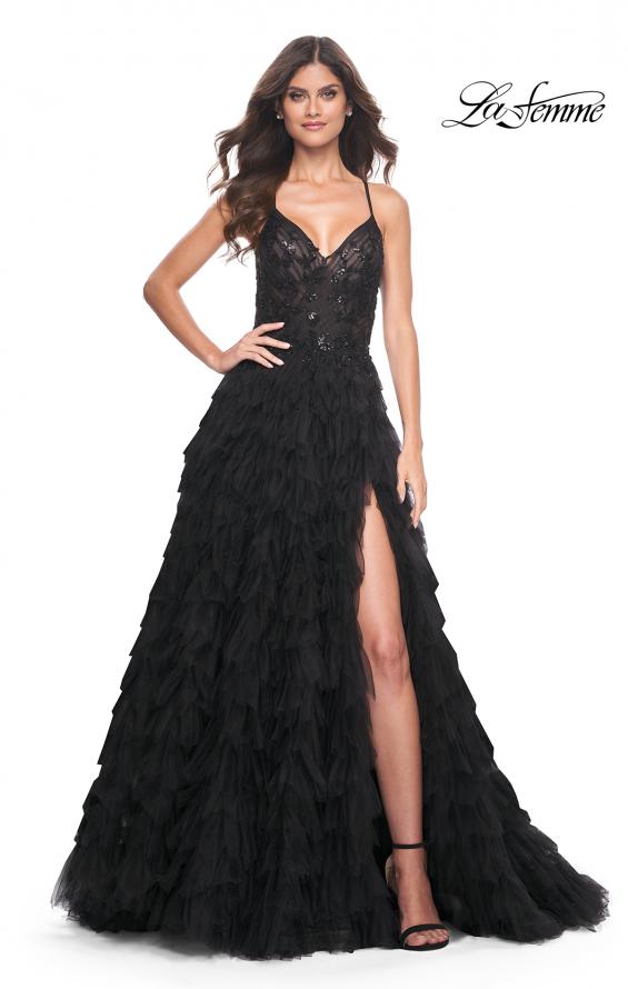 La Femme 32108 prom dress images. La Femme 32108 is available in these colors: Black.
