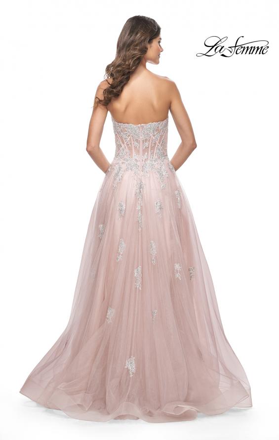La Femme 32111 prom dress images. La Femme 32111 is available in these colors: Cloud Blue, Mauve, Silver.