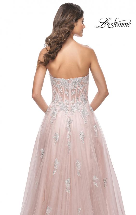 La Femme 32111 prom dress images. La Femme 32111 is available in these colors: Cloud Blue, Mauve, Silver.