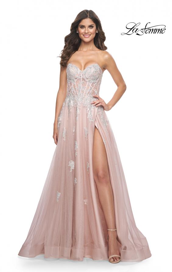 La Femme 32111 prom dress images. La Femme 32111 is available in these colors: Cloud Blue, Mauve, Silver.