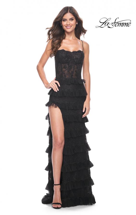 La Femme 32113 prom dress images. La Femme 32113 is available in these colors: Black.