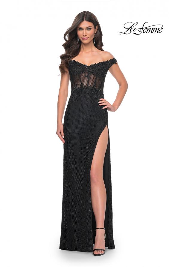 La Femme 32116 prom dress images. La Femme 32116 is available in these colors: Black, Emerald, Marine Blue.