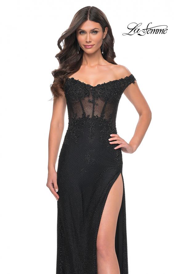 La Femme 32116 prom dress images. La Femme 32116 is available in these colors: Black, Emerald, Marine Blue.