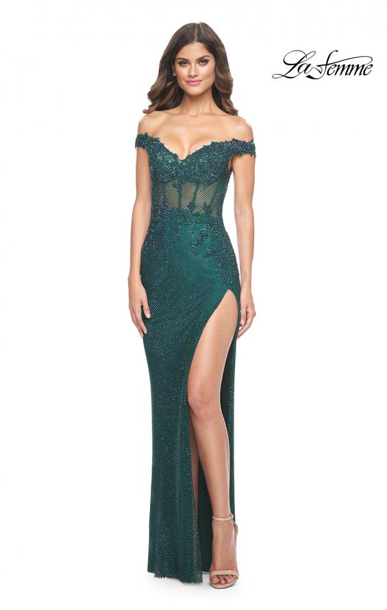 La Femme 32116 prom dress images. La Femme 32116 is available in these colors: Black, Emerald, Marine Blue.