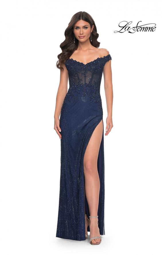 La Femme 32116 prom dress images. La Femme 32116 is available in these colors: Black, Emerald, Marine Blue.