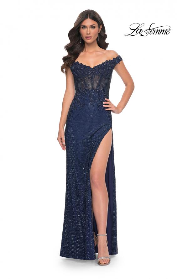 La Femme 32116 prom dress images. La Femme 32116 is available in these colors: Black, Emerald, Marine Blue.