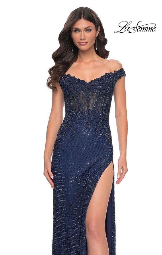 La Femme 32116 prom dress images. La Femme 32116 is available in these colors: Black, Emerald, Marine Blue.