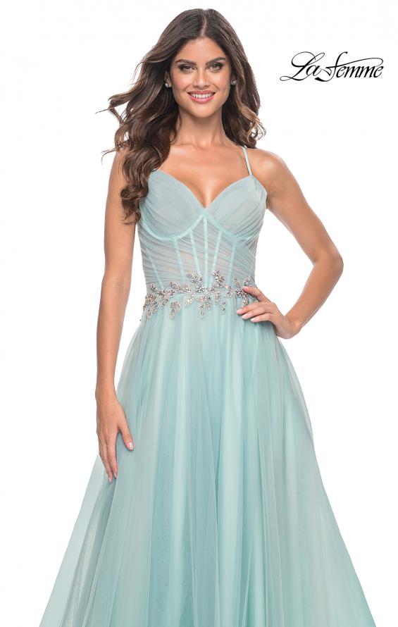 La Femme 32117 prom dress images. La Femme 32117 is available in these colors: Light Blue, Mauve, Pale Yellow.