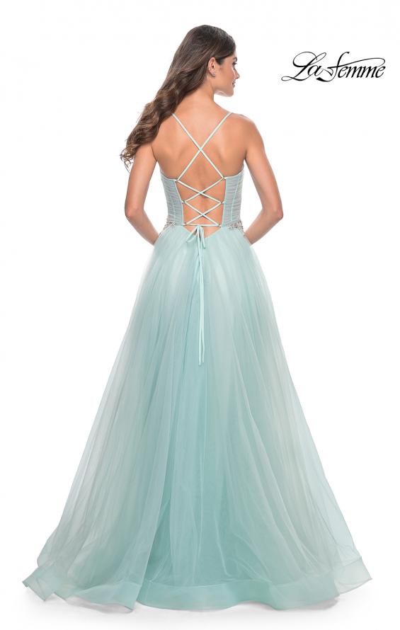 La Femme 32117 prom dress images. La Femme 32117 is available in these colors: Light Blue, Mauve, Pale Yellow.