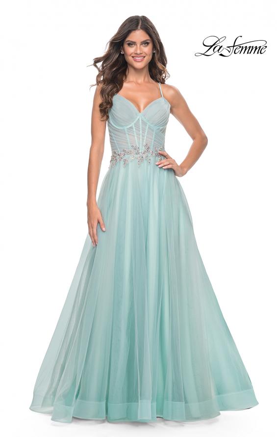 La Femme 32117 prom dress images. La Femme 32117 is available in these colors: Light Blue, Mauve, Pale Yellow.