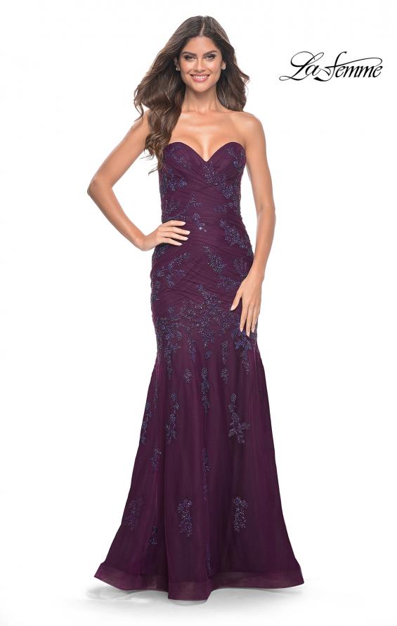 La Femme 32121 prom dress images. La Femme 32121 is available in these colors: Dark Berry.
