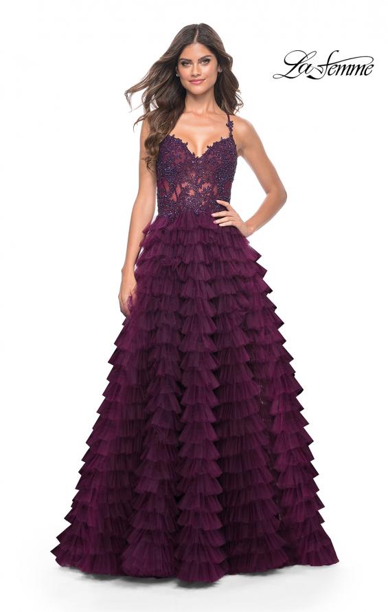 La Femme 32128 prom dress images. La Femme 32128 is available in these colors: Black, Dark Berry, Dark Emerald, Royal Blue.