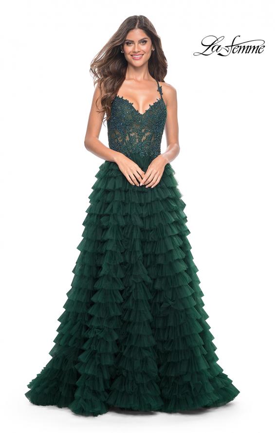 La Femme 32128 prom dress images. La Femme 32128 is available in these colors: Black, Dark Berry, Dark Emerald, Royal Blue.