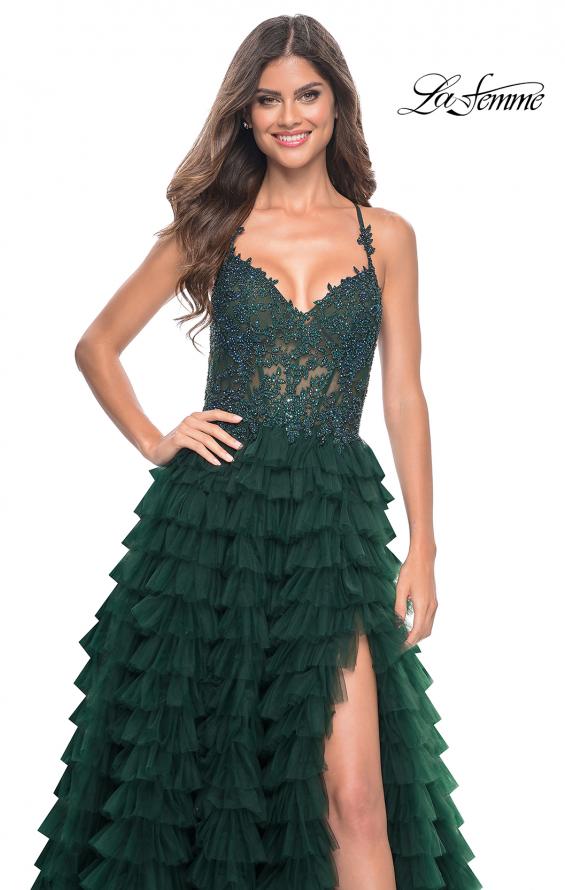 La Femme 32128 prom dress images. La Femme 32128 is available in these colors: Black, Dark Berry, Dark Emerald, Royal Blue.