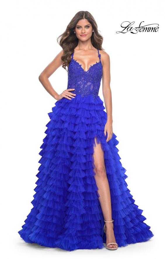 La Femme 32128 prom dress images. La Femme 32128 is available in these colors: Black, Dark Berry, Dark Emerald, Royal Blue.