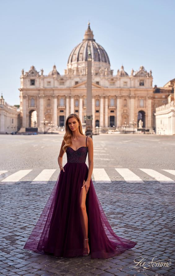 La Femme 32135 prom dress images. La Femme 32135 is available in these colors: Black, Dark Berry, Dark Emerald, Royal Blue.