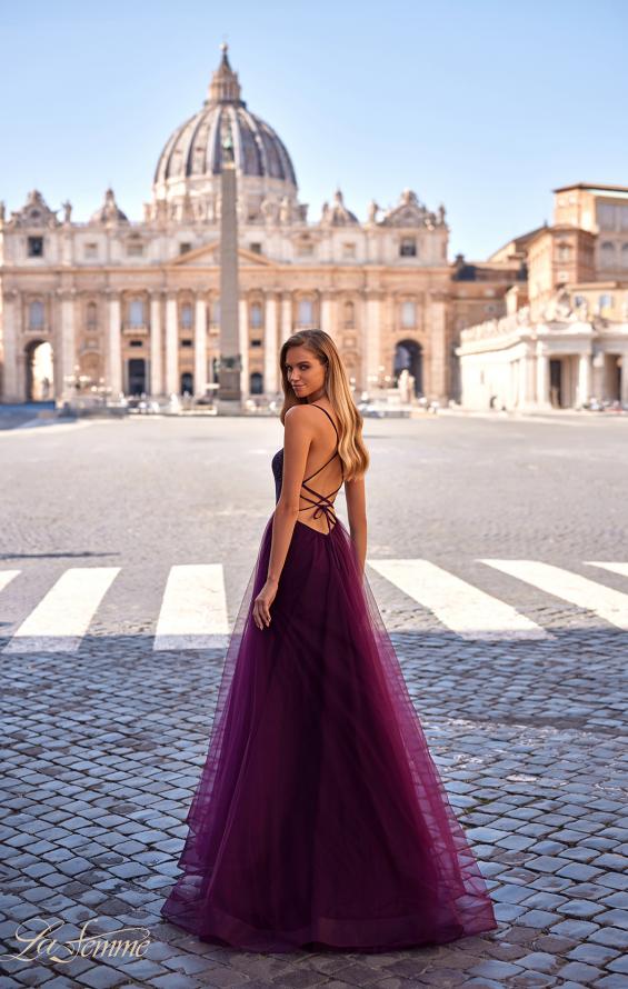 La Femme 32135 prom dress images. La Femme 32135 is available in these colors: Black, Dark Berry, Dark Emerald, Royal Blue.