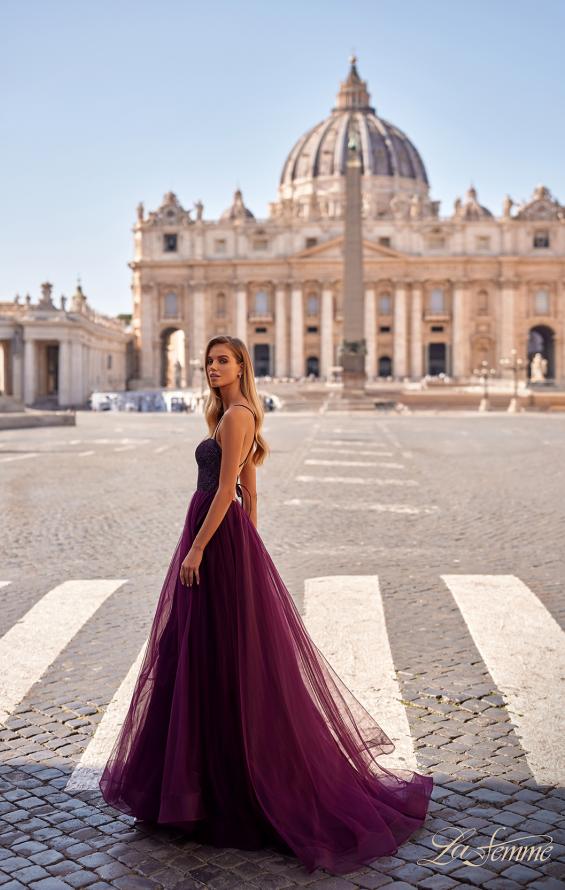 La Femme 32135 prom dress images. La Femme 32135 is available in these colors: Black, Dark Berry, Dark Emerald, Royal Blue.