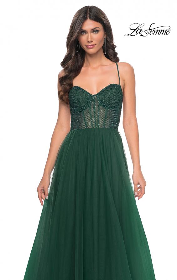 La Femme 32135 prom dress images. La Femme 32135 is available in these colors: Black, Dark Berry, Dark Emerald, Royal Blue.