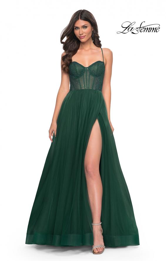 La Femme 32135 prom dress images. La Femme 32135 is available in these colors: Black, Dark Berry, Dark Emerald, Royal Blue.